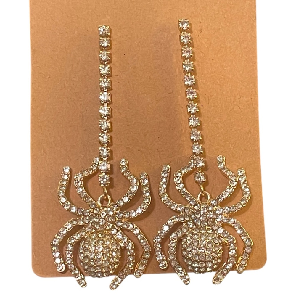 Whimsigoth Gold Tone Rhinestone‎ Spider Drop Earrings 2.75” NWT